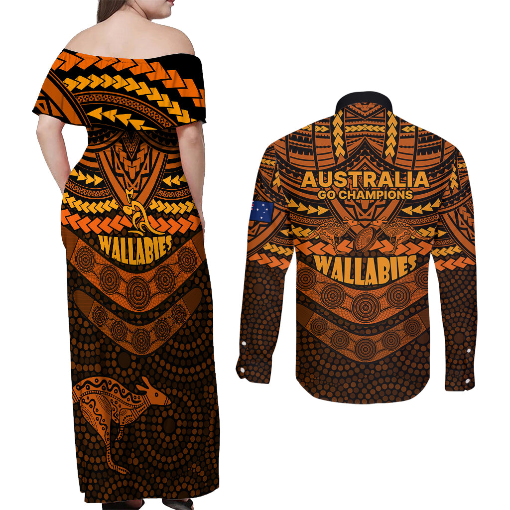 wallabies-rugby-couples-matching-off-shoulder-maxi-dress-and-long-sleeve-button-shirts-polynesian-and-aboriginal-special-orange-version