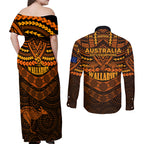 wallabies-rugby-couples-matching-off-shoulder-maxi-dress-and-long-sleeve-button-shirts-polynesian-and-aboriginal-special-orange-version