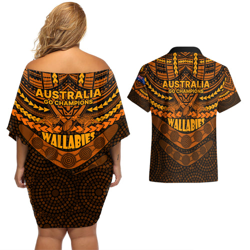 wallabies-rugby-couples-matching-off-shoulder-short-dress-and-hawaiian-shirt-polynesian-and-aboriginal-special-orange-version