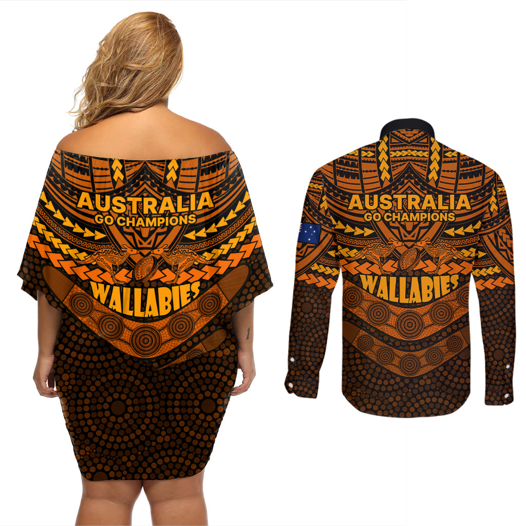 wallabies-rugby-couples-matching-off-shoulder-short-dress-and-long-sleeve-button-shirts-polynesian-and-aboriginal-special-orange-version