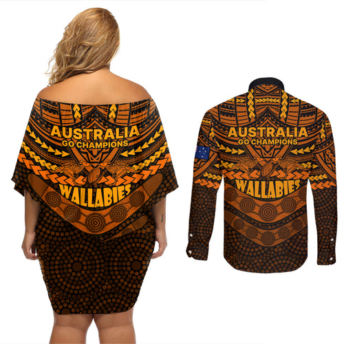 wallabies-rugby-couples-matching-off-shoulder-short-dress-and-long-sleeve-button-shirts-polynesian-and-aboriginal-special-orange-version