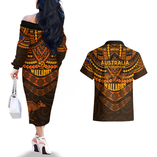 wallabies-rugby-couples-matching-off-the-shoulder-long-sleeve-dress-and-hawaiian-shirt-polynesian-and-aboriginal-special-orange-version