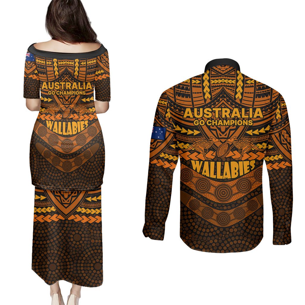 wallabies-rugby-couples-matching-puletasi-dress-and-long-sleeve-button-shirts-polynesian-and-aboriginal-special-orange-version
