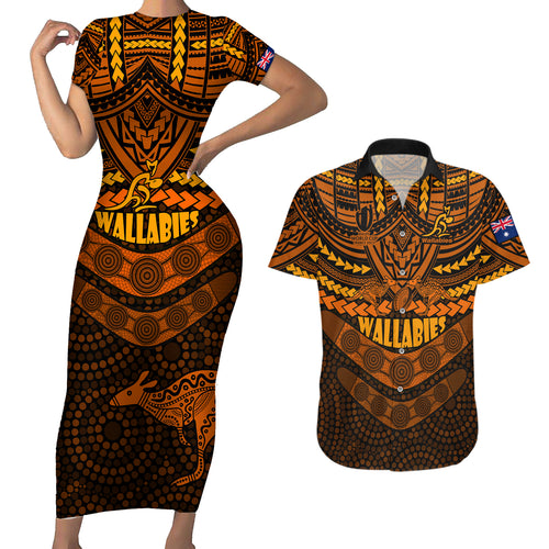 wallabies-rugby-couples-matching-short-sleeve-bodycon-dress-and-hawaiian-shirt-polynesian-and-aboriginal-special-orange-version