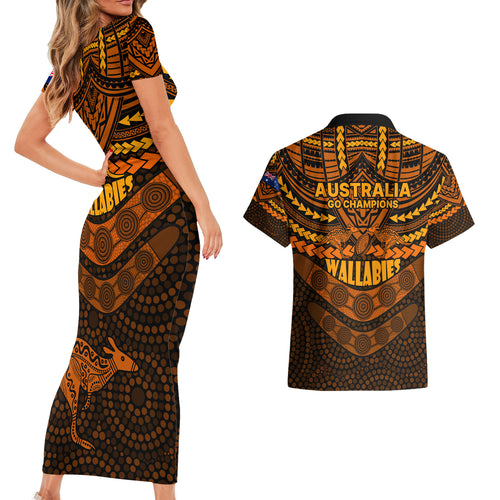 wallabies-rugby-couples-matching-short-sleeve-bodycon-dress-and-hawaiian-shirt-polynesian-and-aboriginal-special-orange-version