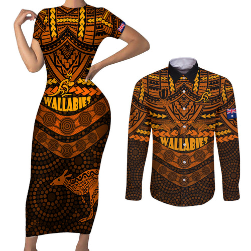 wallabies-rugby-couples-matching-short-sleeve-bodycon-dress-and-long-sleeve-button-shirts-polynesian-and-aboriginal-special-orange-version