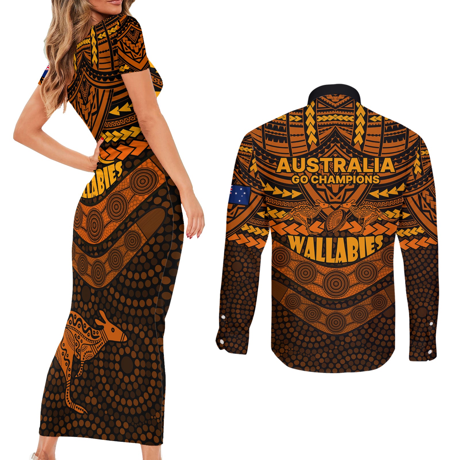 wallabies-rugby-couples-matching-short-sleeve-bodycon-dress-and-long-sleeve-button-shirts-polynesian-and-aboriginal-special-orange-version