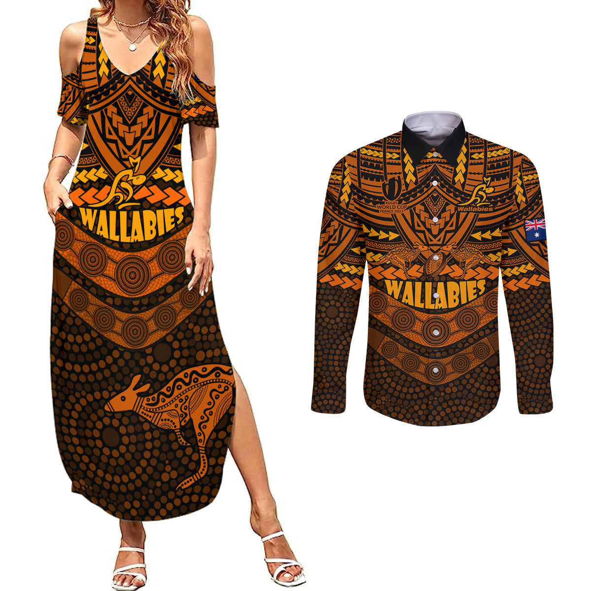 wallabies-rugby-couples-matching-summer-maxi-dress-and-long-sleeve-button-shirts-polynesian-and-aboriginal-special-orange-version