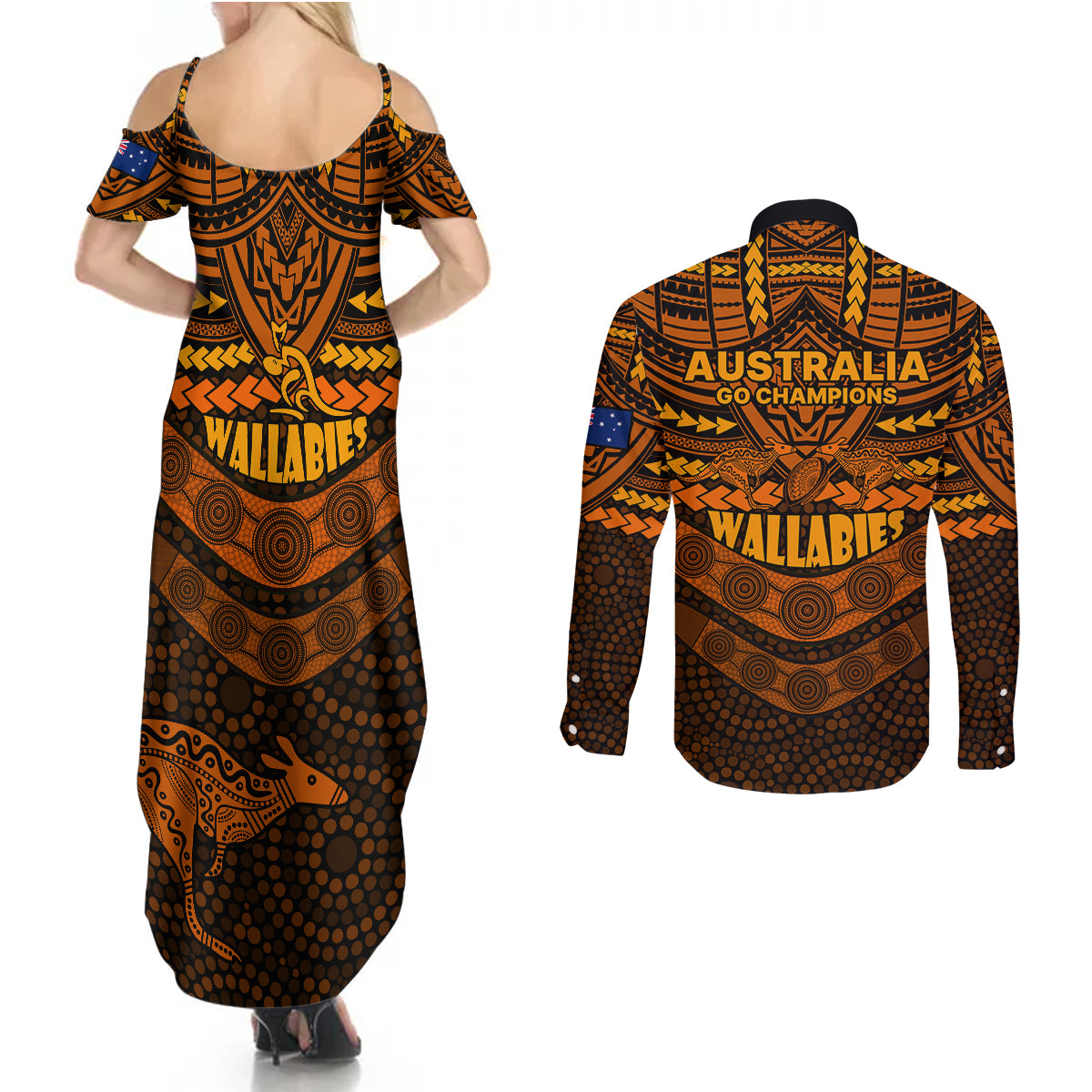 wallabies-rugby-couples-matching-summer-maxi-dress-and-long-sleeve-button-shirts-polynesian-and-aboriginal-special-orange-version
