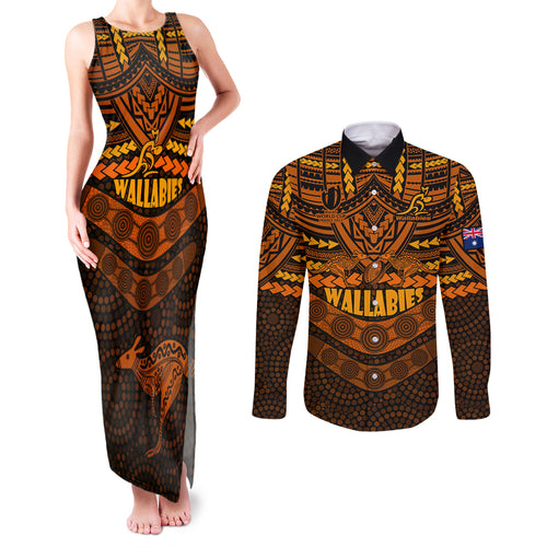 wallabies-rugby-couples-matching-tank-maxi-dress-and-long-sleeve-button-shirts-polynesian-and-aboriginal-special-orange-version