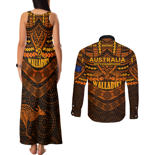 wallabies-rugby-couples-matching-tank-maxi-dress-and-long-sleeve-button-shirts-polynesian-and-aboriginal-special-orange-version