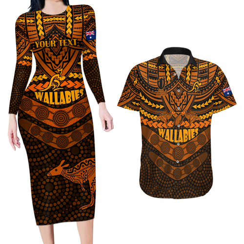 custom-wallabies-rugby-couples-matching-long-sleeve-bodycon-dress-and-hawaiian-shirt-polynesian-and-aboriginal-special-orange-version