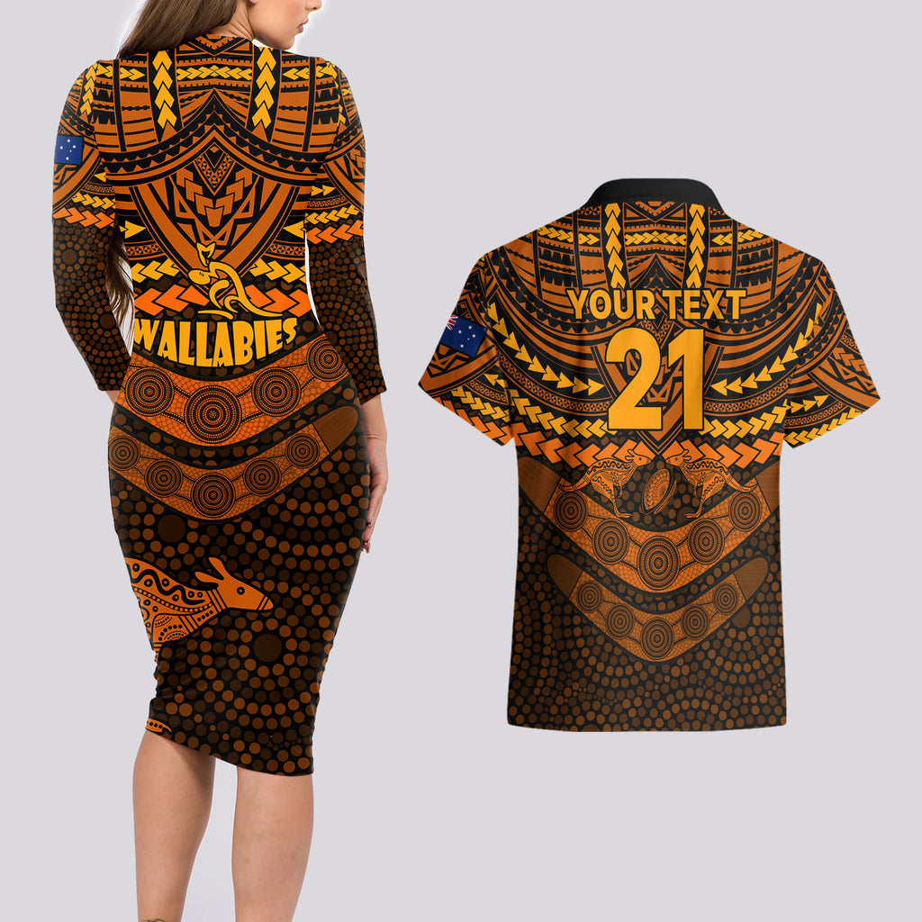 custom-wallabies-rugby-couples-matching-long-sleeve-bodycon-dress-and-hawaiian-shirt-polynesian-and-aboriginal-special-orange-version