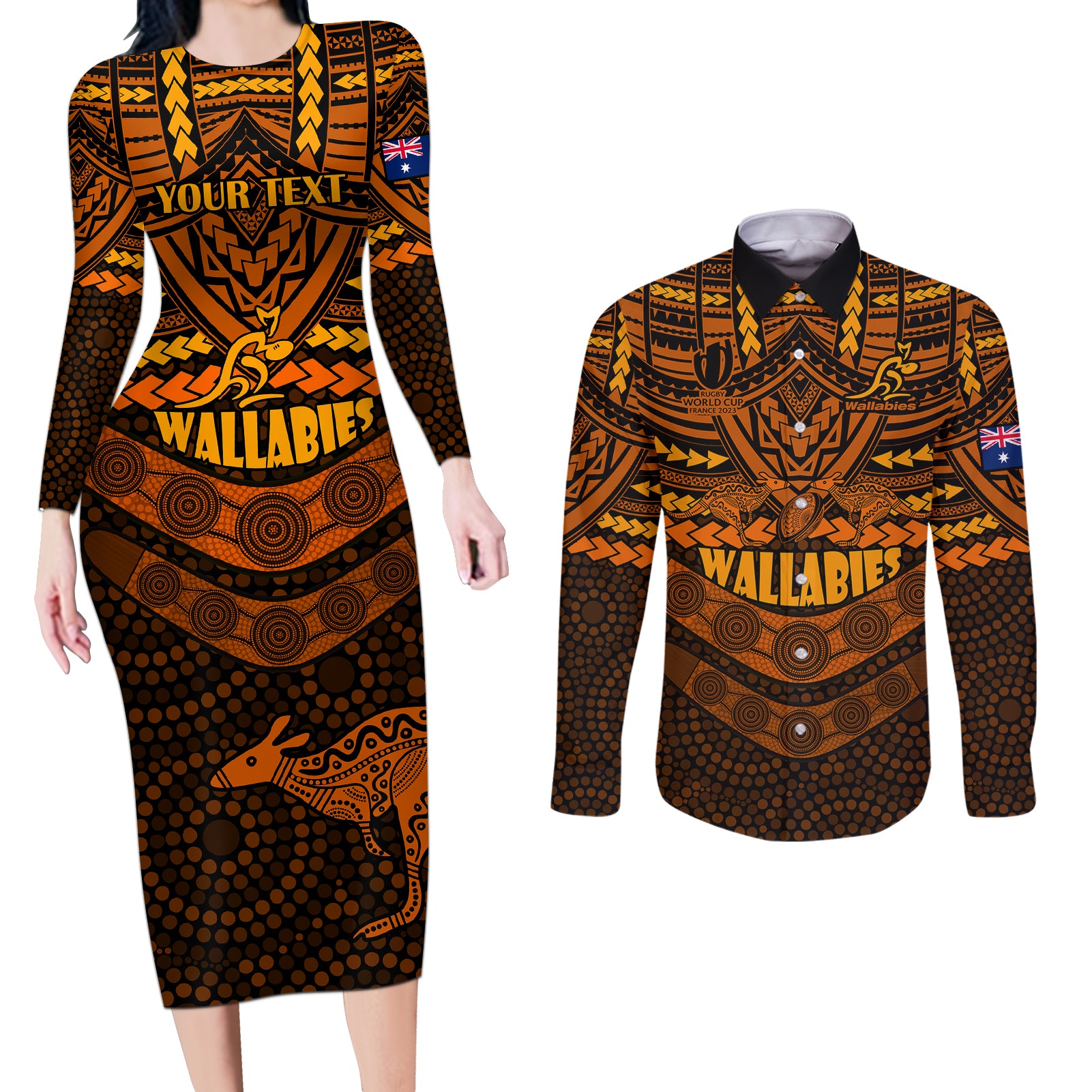 custom-wallabies-rugby-couples-matching-long-sleeve-bodycon-dress-and-long-sleeve-button-shirts-polynesian-and-aboriginal-special-orange-version