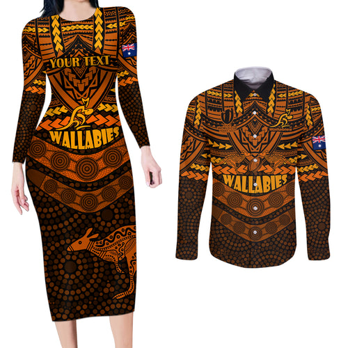 custom-wallabies-rugby-couples-matching-long-sleeve-bodycon-dress-and-long-sleeve-button-shirts-polynesian-and-aboriginal-special-orange-version