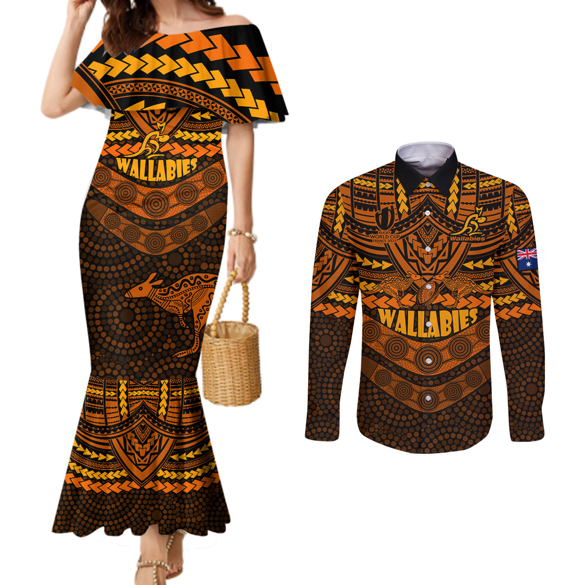 custom-wallabies-rugby-couples-matching-mermaid-dress-and-long-sleeve-button-shirts-polynesian-and-aboriginal-special-orange-version