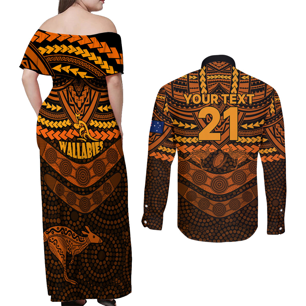 custom-wallabies-rugby-couples-matching-off-shoulder-maxi-dress-and-long-sleeve-button-shirts-polynesian-and-aboriginal-special-orange-version
