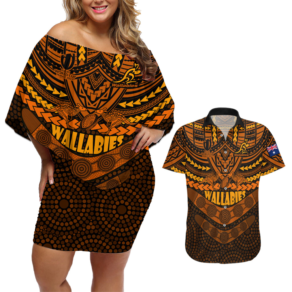 custom-wallabies-rugby-couples-matching-off-shoulder-short-dress-and-hawaiian-shirt-polynesian-and-aboriginal-special-orange-version