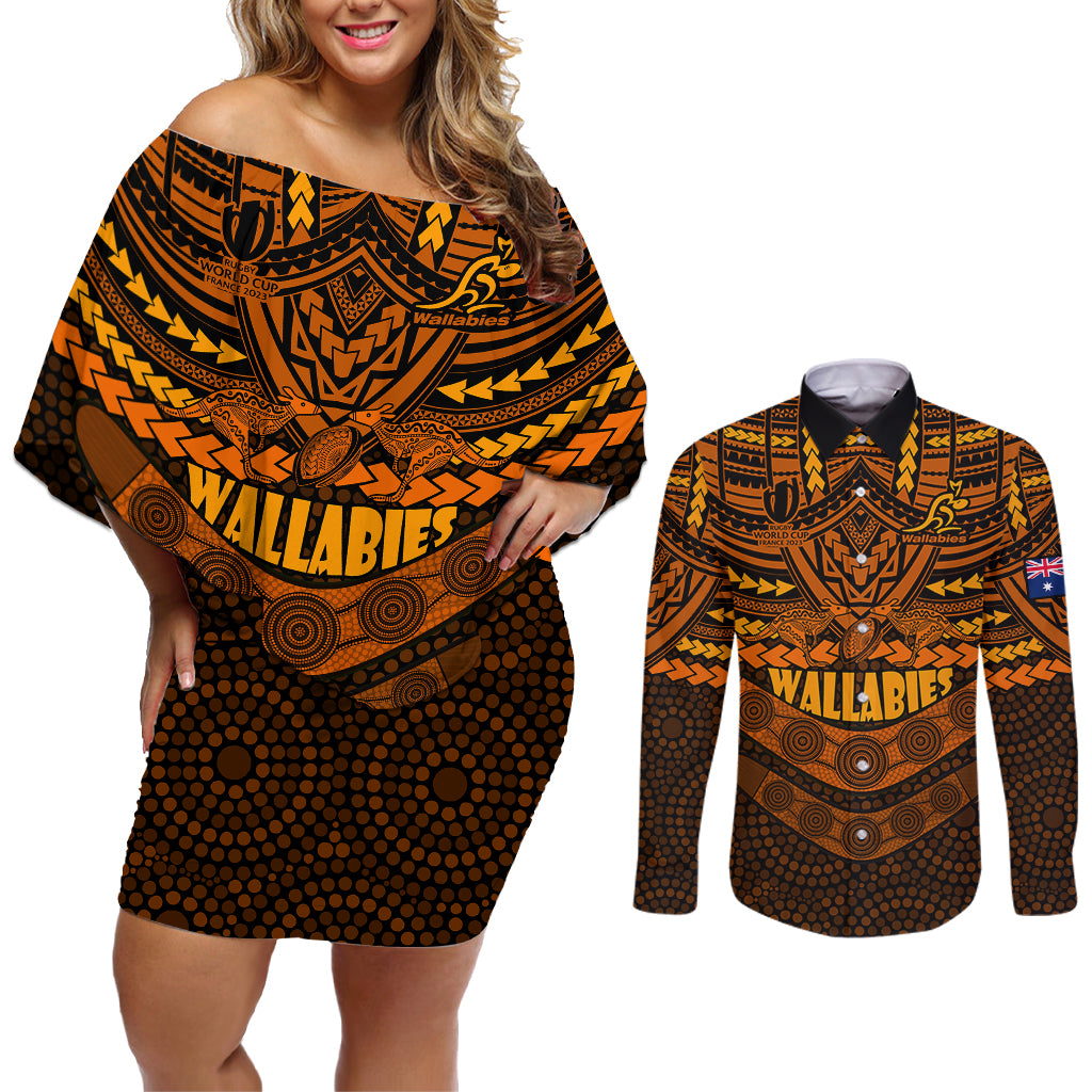 custom-wallabies-rugby-couples-matching-off-shoulder-short-dress-and-long-sleeve-button-shirts-polynesian-and-aboriginal-special-orange-version