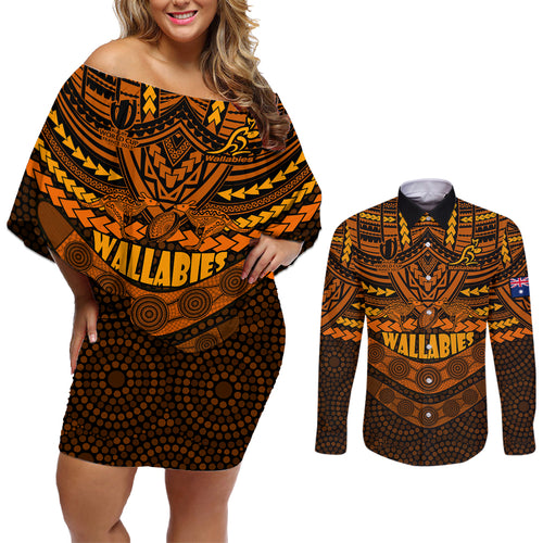custom-wallabies-rugby-couples-matching-off-shoulder-short-dress-and-long-sleeve-button-shirts-polynesian-and-aboriginal-special-orange-version