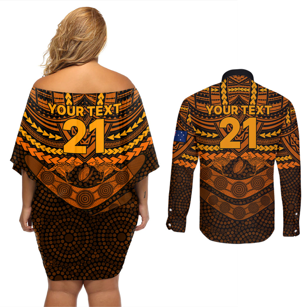 custom-wallabies-rugby-couples-matching-off-shoulder-short-dress-and-long-sleeve-button-shirts-polynesian-and-aboriginal-special-orange-version