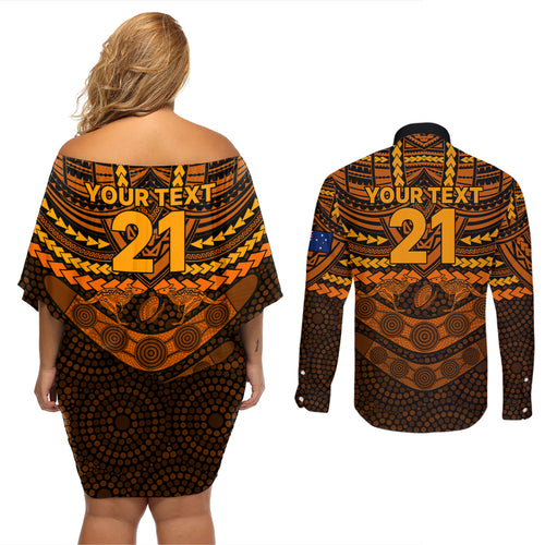 custom-wallabies-rugby-couples-matching-off-shoulder-short-dress-and-long-sleeve-button-shirts-polynesian-and-aboriginal-special-orange-version