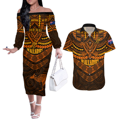custom-wallabies-rugby-couples-matching-off-the-shoulder-long-sleeve-dress-and-hawaiian-shirt-polynesian-and-aboriginal-special-orange-version