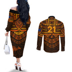custom-wallabies-rugby-couples-matching-off-the-shoulder-long-sleeve-dress-and-long-sleeve-button-shirts-polynesian-and-aboriginal-special-orange-version