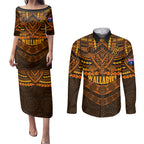 custom-wallabies-rugby-couples-matching-puletasi-dress-and-long-sleeve-button-shirts-polynesian-and-aboriginal-special-orange-version