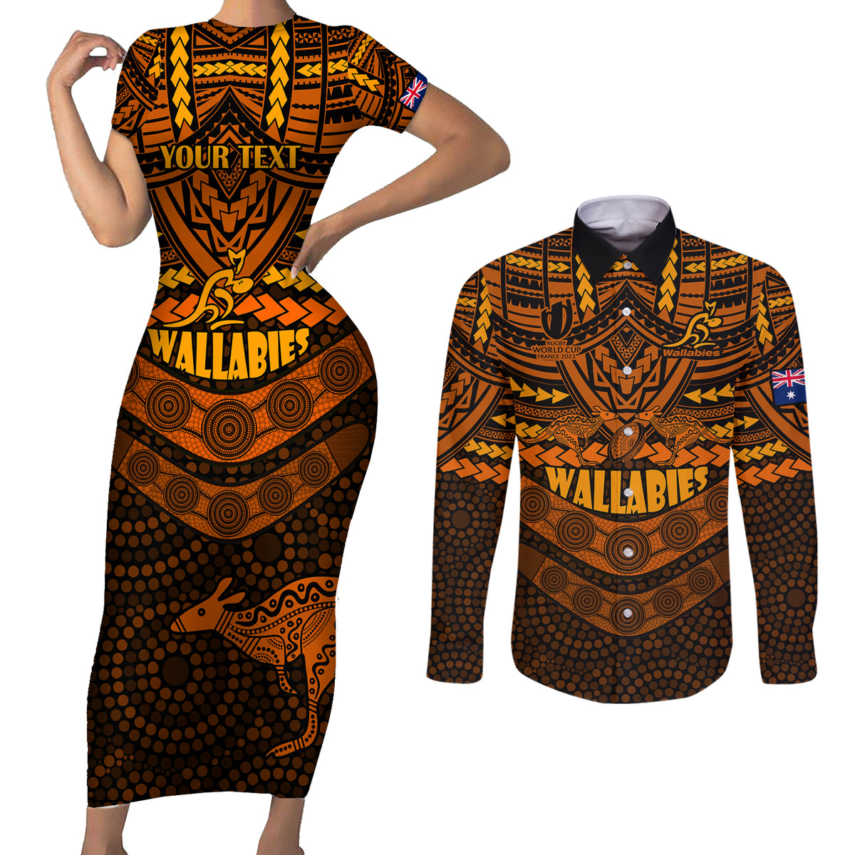custom-wallabies-rugby-couples-matching-short-sleeve-bodycon-dress-and-long-sleeve-button-shirts-polynesian-and-aboriginal-special-orange-version