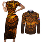 custom-wallabies-rugby-couples-matching-short-sleeve-bodycon-dress-and-long-sleeve-button-shirts-polynesian-and-aboriginal-special-orange-version