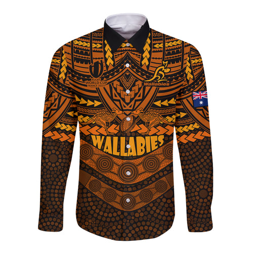 custom-wallabies-rugby-long-sleeve-button-shirt-polynesian-and-aboriginal-special-orange-version
