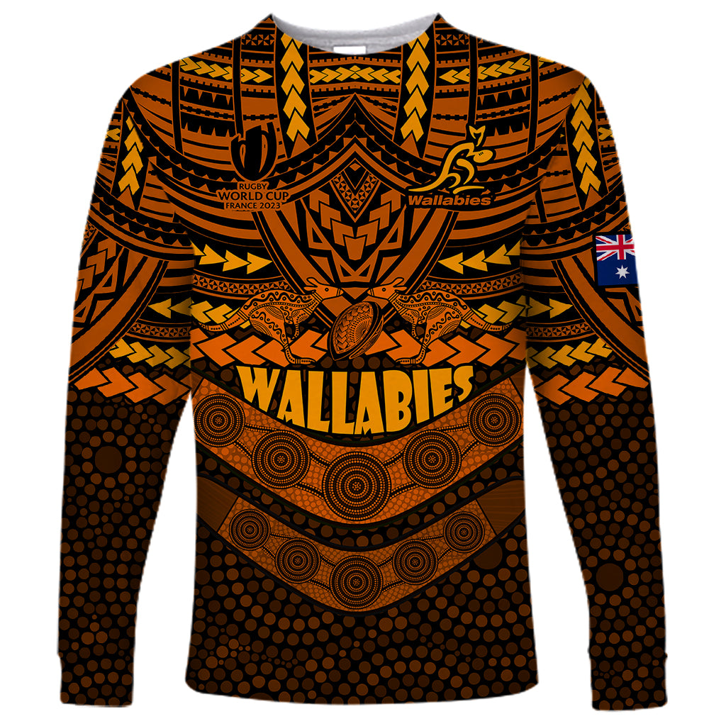 custom-wallabies-rugby-long-sleeve-shirt-polynesian-and-aboriginal-special-orange-version