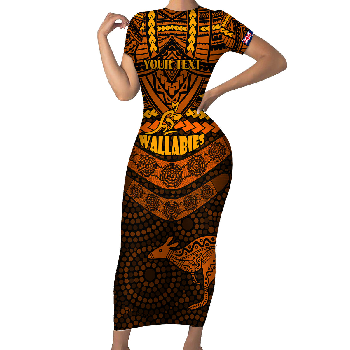 custom-wallabies-rugby-short-sleeve-bodycon-dress-polynesian-and-aboriginal-special-orange-version