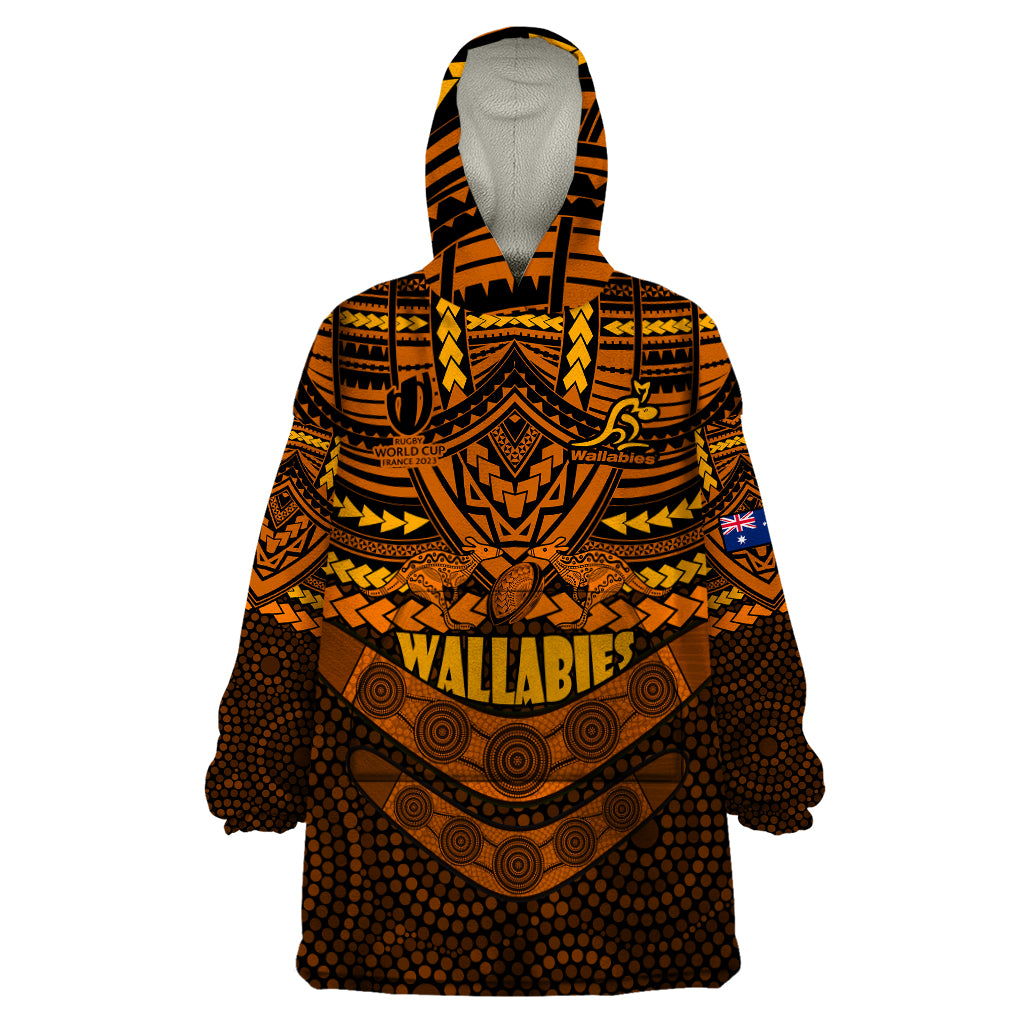 custom-wallabies-rugby-wearable-blanket-hoodie-polynesian-and-aboriginal-special-orange-version
