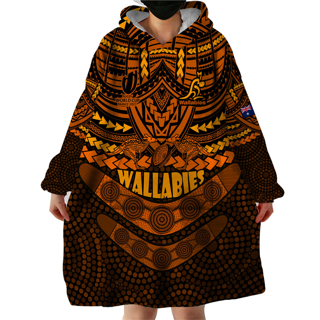 custom-wallabies-rugby-wearable-blanket-hoodie-polynesian-and-aboriginal-special-orange-version