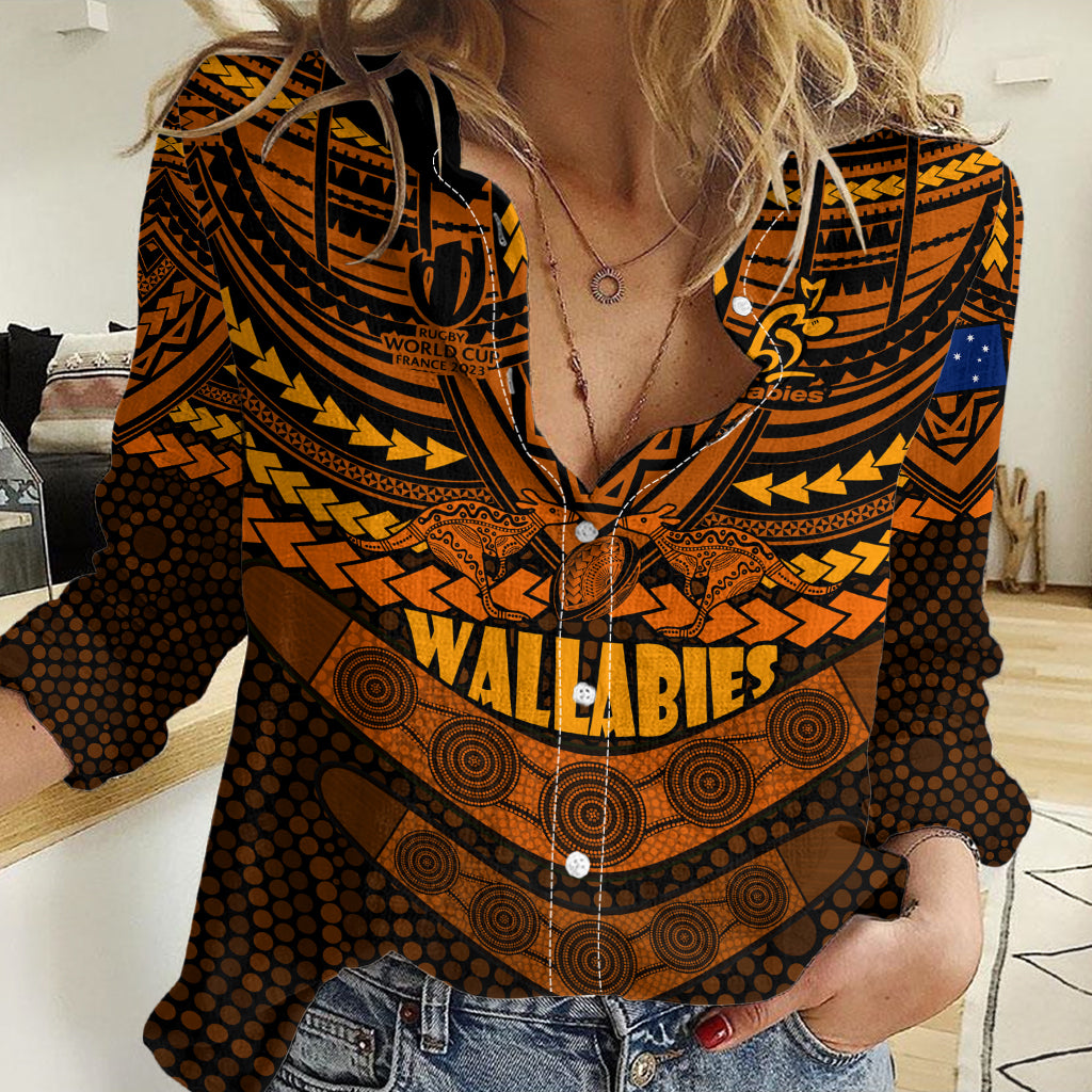 Custom Wallabies Rugby Women Casual Shirt Polynesian and Aboriginal Special Orange Version LT9