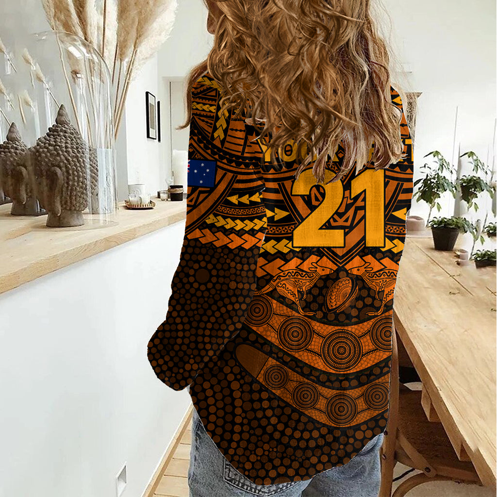 Custom Wallabies Rugby Women Casual Shirt Polynesian and Aboriginal Special Orange Version LT9