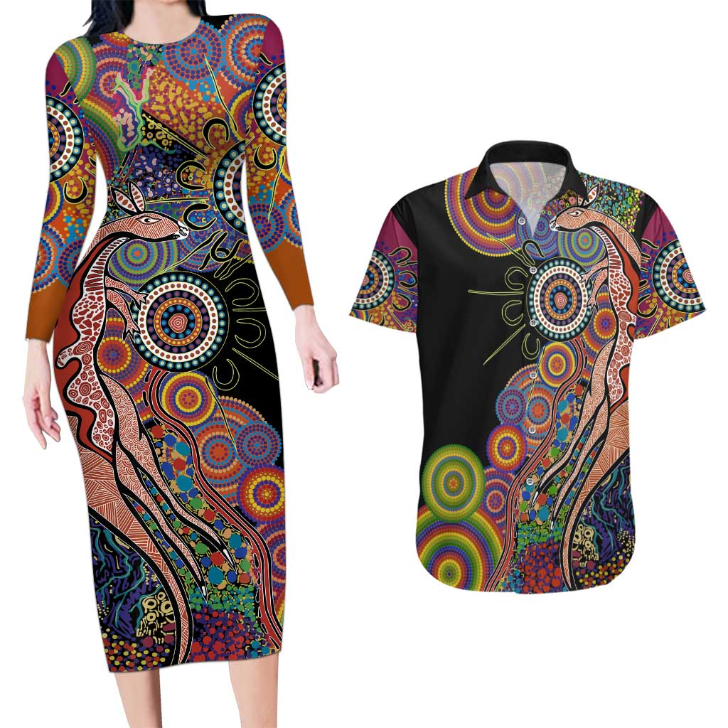 Indigenous Kangaroo Australia Aboriginal Style Couples Matching Long Sleeve Bodycon Dress and Hawaiian Shirt