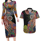 Indigenous Kangaroo Australia Aboriginal Style Couples Matching Long Sleeve Bodycon Dress and Hawaiian Shirt