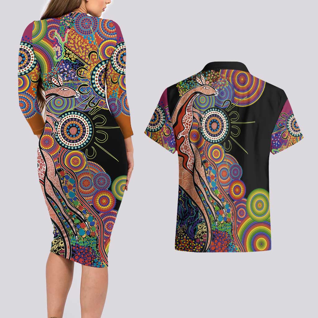 Indigenous Kangaroo Australia Aboriginal Style Couples Matching Long Sleeve Bodycon Dress and Hawaiian Shirt