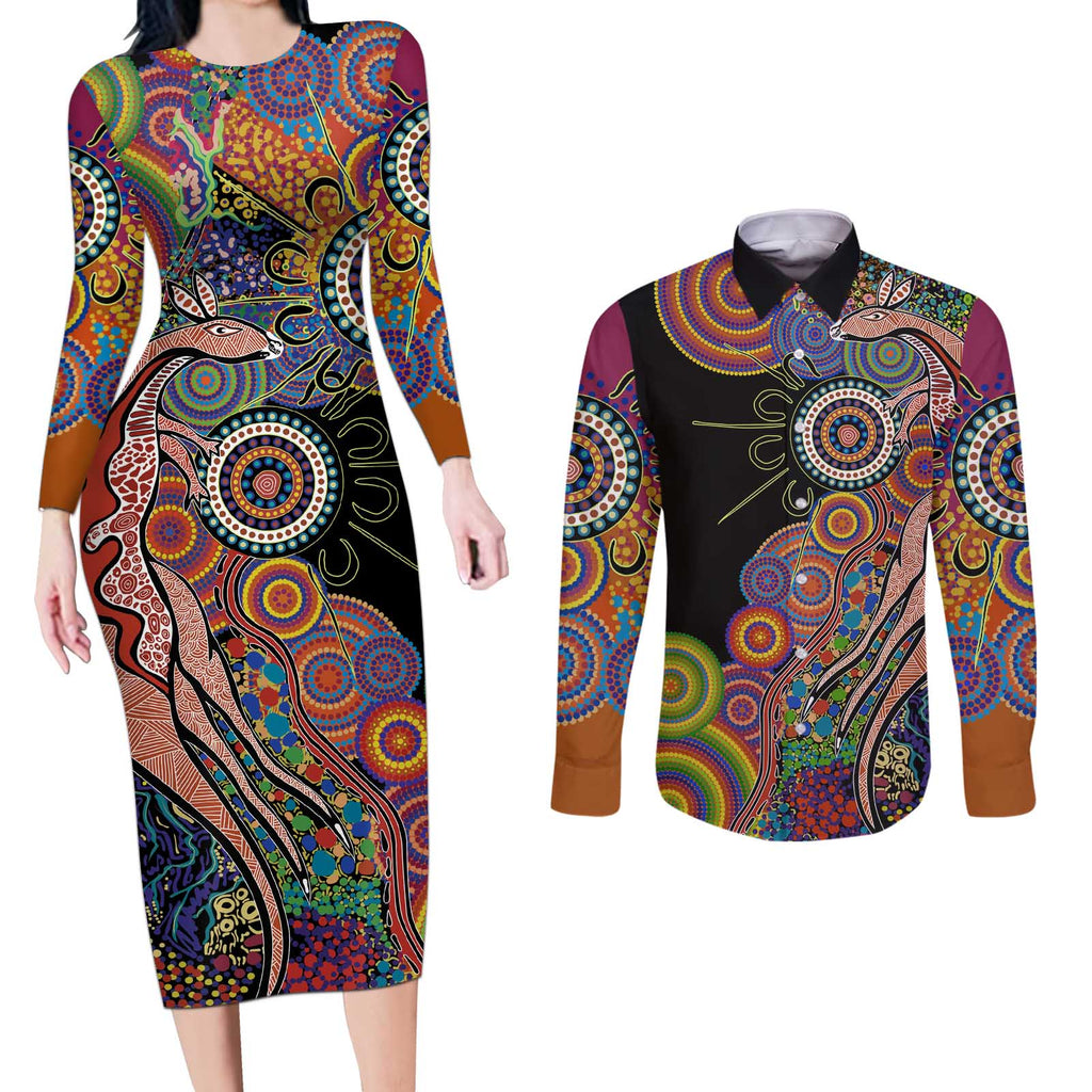 Indigenous Kangaroo Australia Aboriginal Style Couples Matching Long Sleeve Bodycon Dress and Long Sleeve Button Shirt