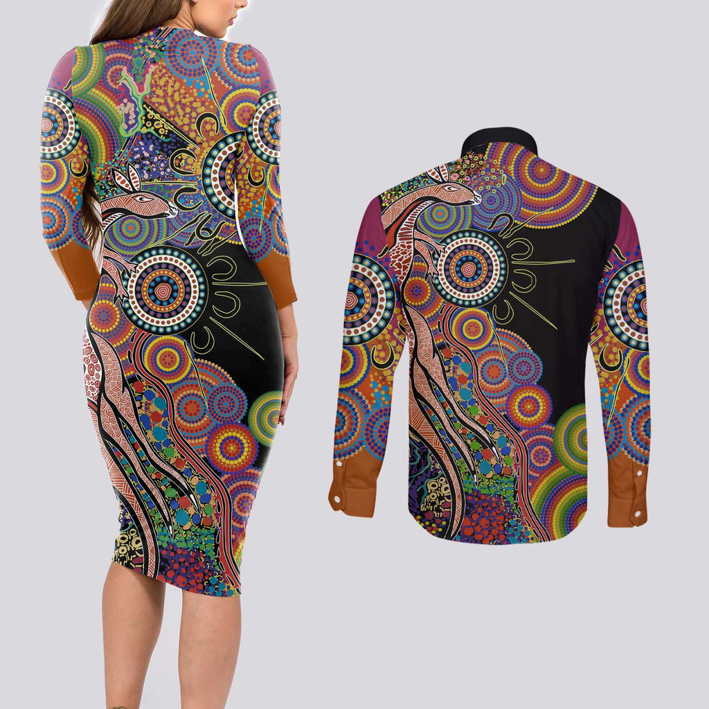 Indigenous Kangaroo Australia Aboriginal Style Couples Matching Long Sleeve Bodycon Dress and Long Sleeve Button Shirt