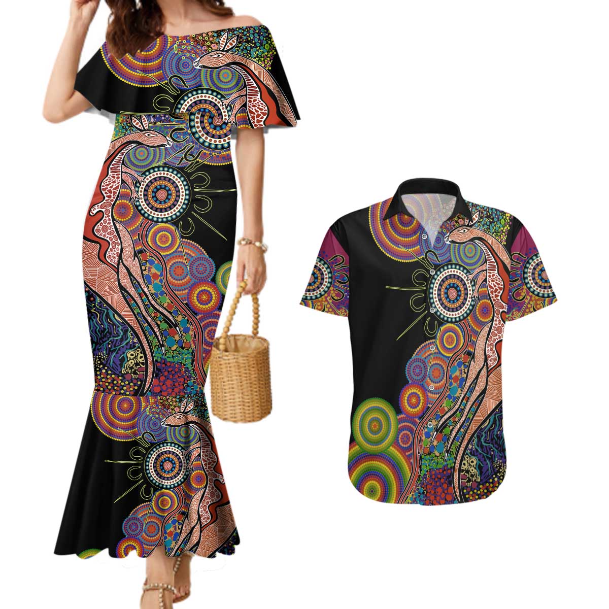 Indigenous Kangaroo Australia Aboriginal Style Couples Matching Mermaid Dress and Hawaiian Shirt