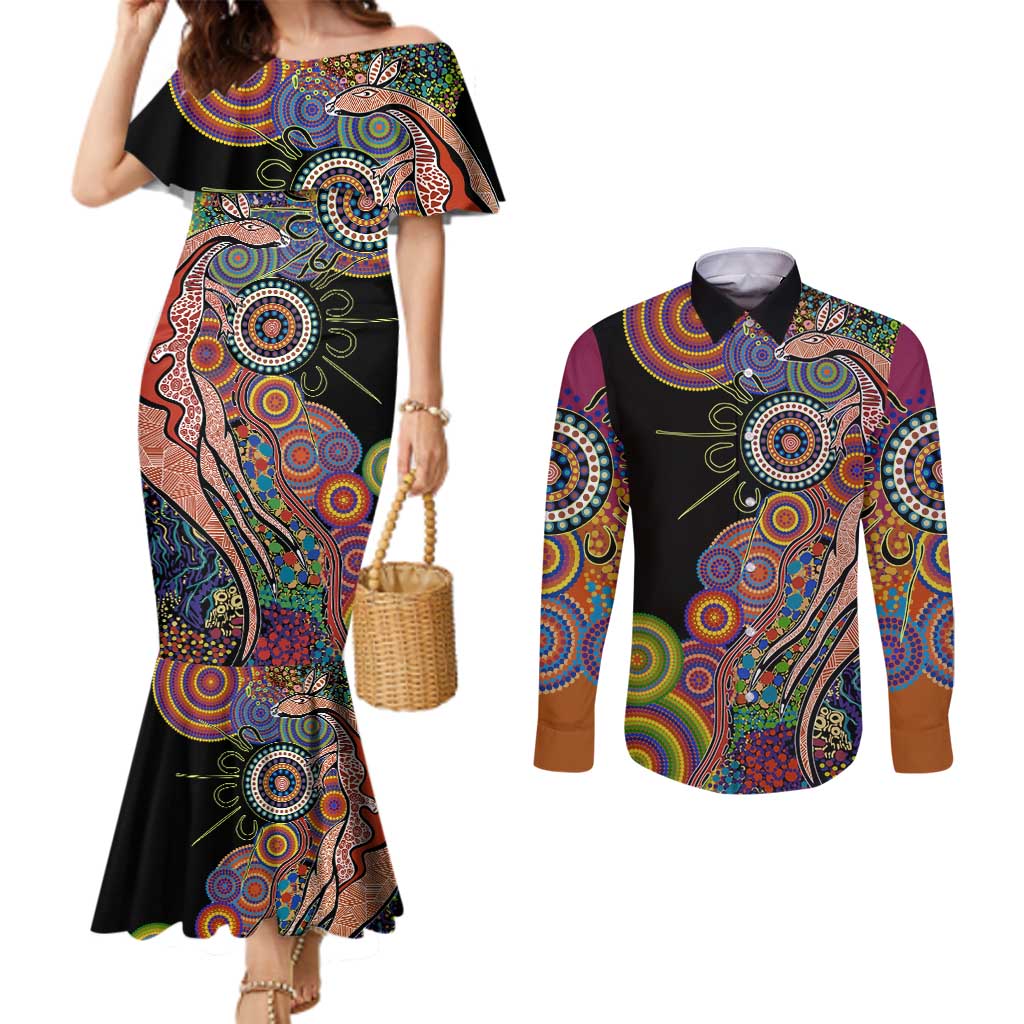 Indigenous Kangaroo Australia Aboriginal Style Couples Matching Mermaid Dress and Long Sleeve Button Shirt