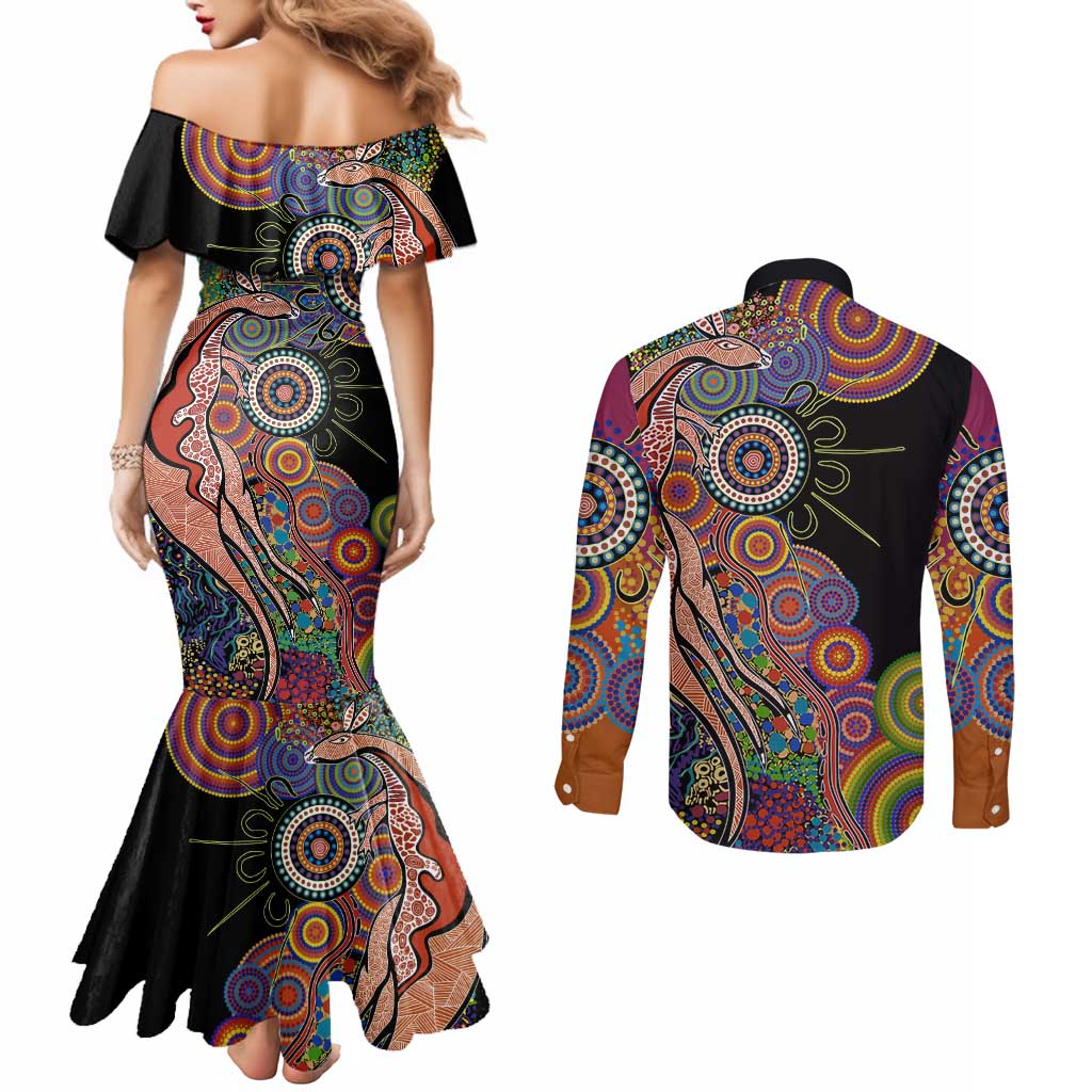 Indigenous Kangaroo Australia Aboriginal Style Couples Matching Mermaid Dress and Long Sleeve Button Shirt