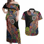 Indigenous Kangaroo Australia Aboriginal Style Couples Matching Off Shoulder Maxi Dress and Hawaiian Shirt