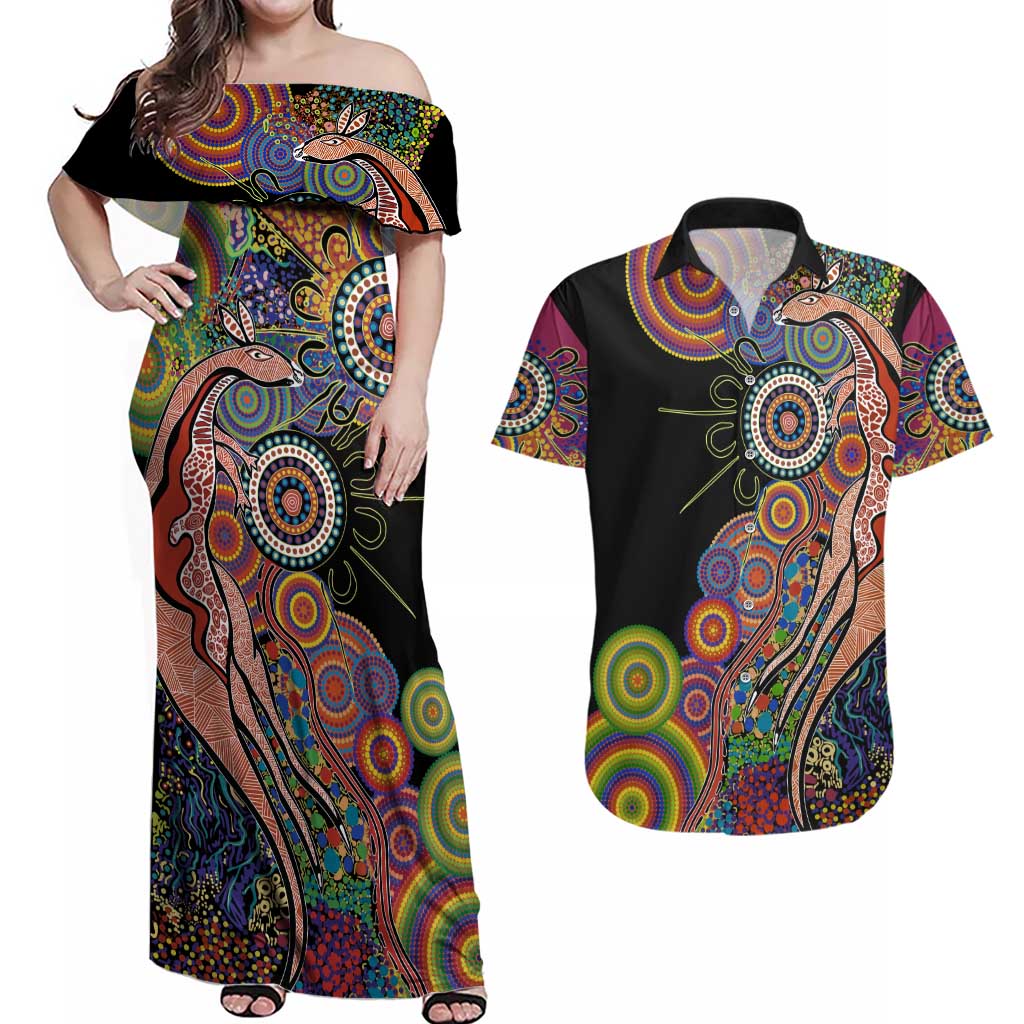 Indigenous Kangaroo Australia Aboriginal Style Couples Matching Off Shoulder Maxi Dress and Hawaiian Shirt