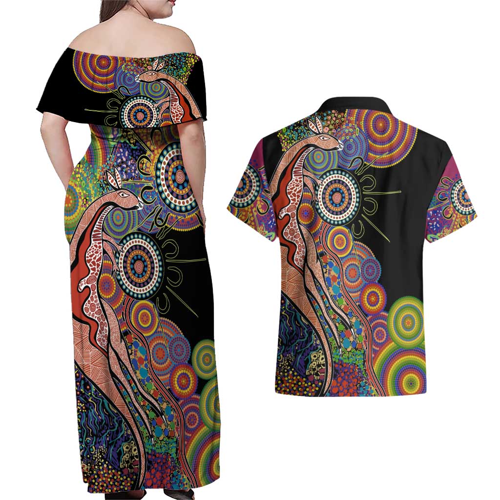 Indigenous Kangaroo Australia Aboriginal Style Couples Matching Off Shoulder Maxi Dress and Hawaiian Shirt