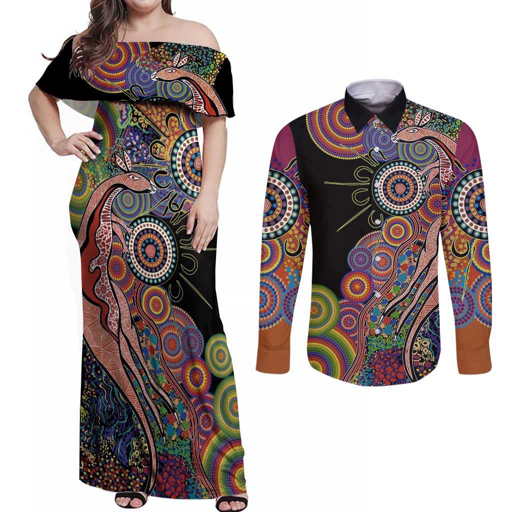 Indigenous Kangaroo Australia Aboriginal Style Couples Matching Off Shoulder Maxi Dress and Long Sleeve Button Shirt